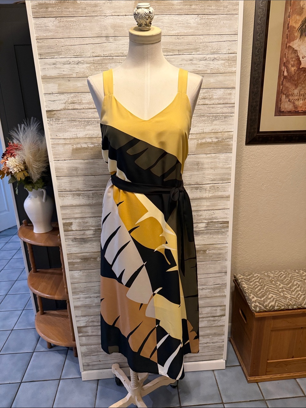 Worthington Yellow & Black Abstract Print Midi Dress